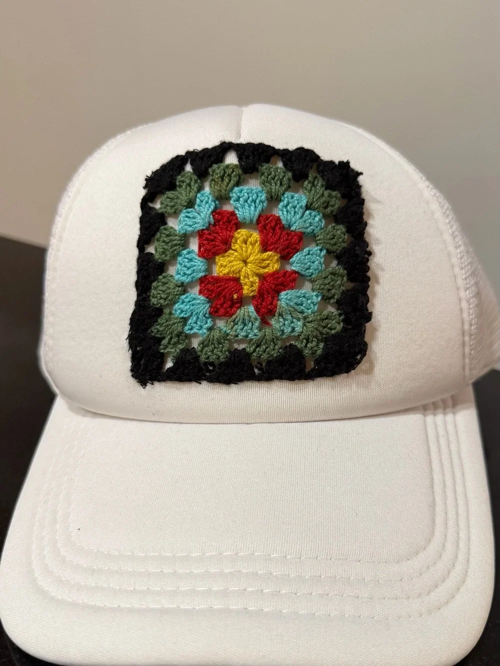 White Trucker Hat with Crochet Granny Square Patch